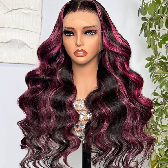 Megalook Human Hair Transparent 13x4 Lace Front Wig Purple Highlights 24 inch - Picture 4 of 11